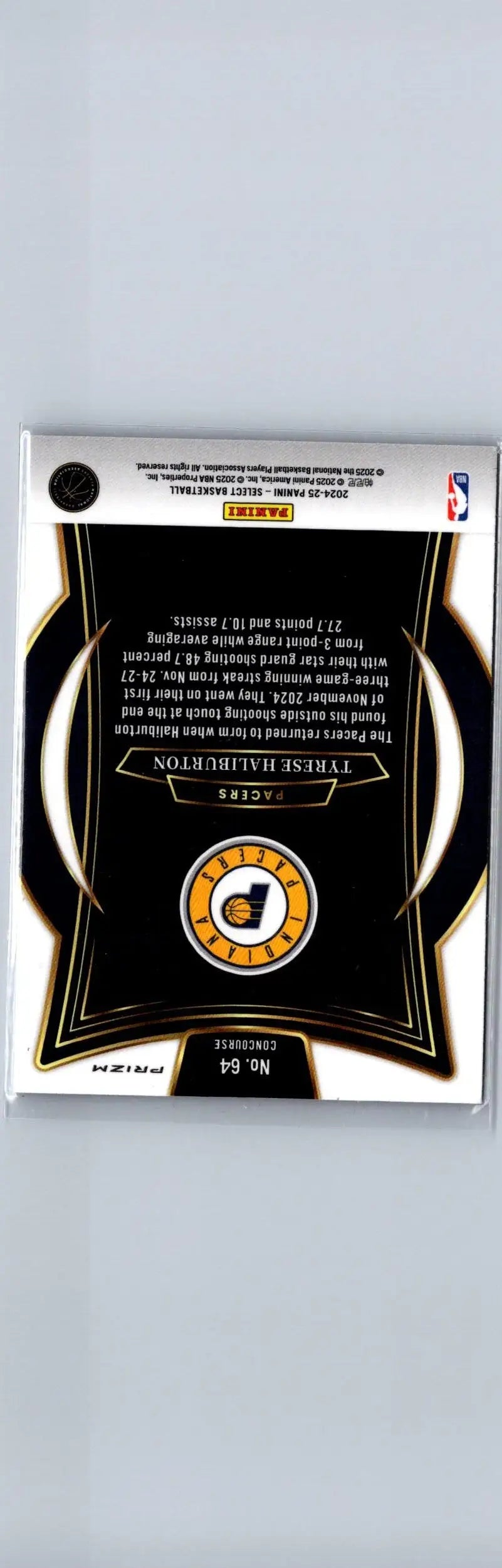 Back of 2024-25 Panini Select Tyrese Haliburton Blue Prizm trading card