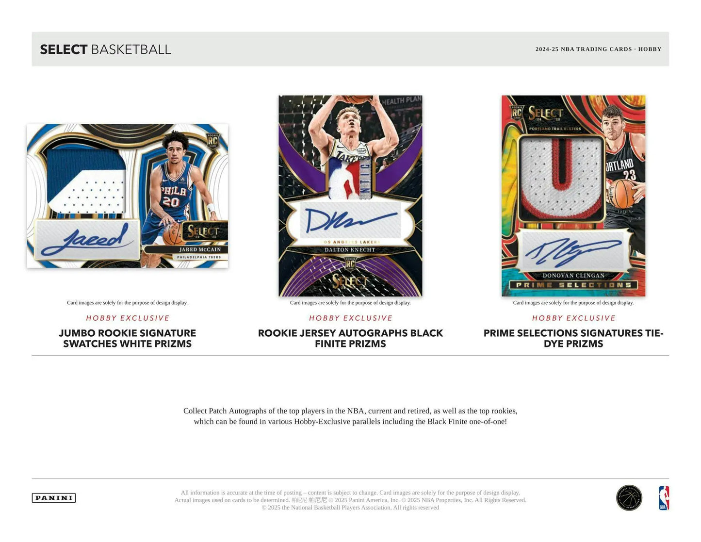 Promotional image of three select basketball memorabilia cards from 2024-25 Panini Select Hobby Box
