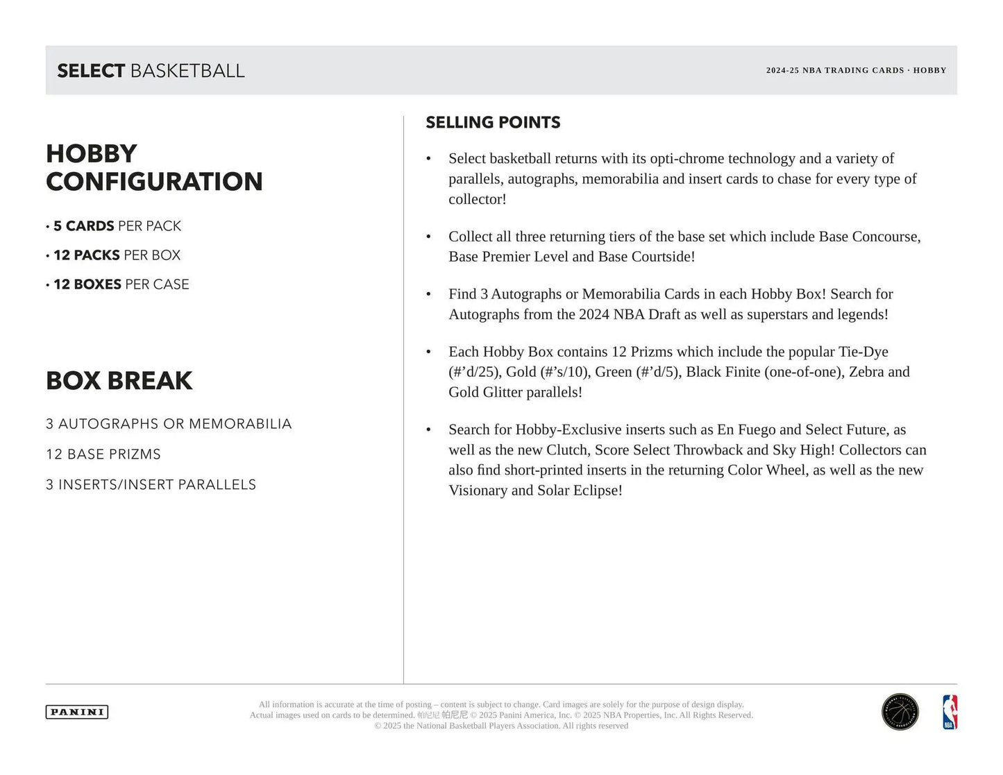 Sell sheet for 2024-25 Panini Select Basketball Hobby Box featuring memorabilia cards