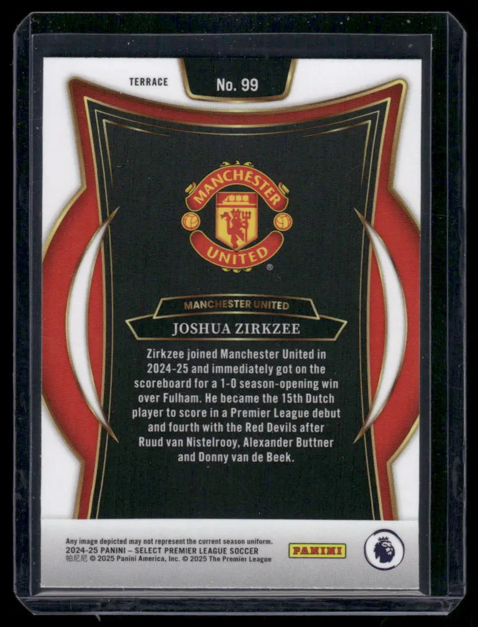Back of a Manchester United Joshua Zirkzee Panini Select Premier League Soccer card