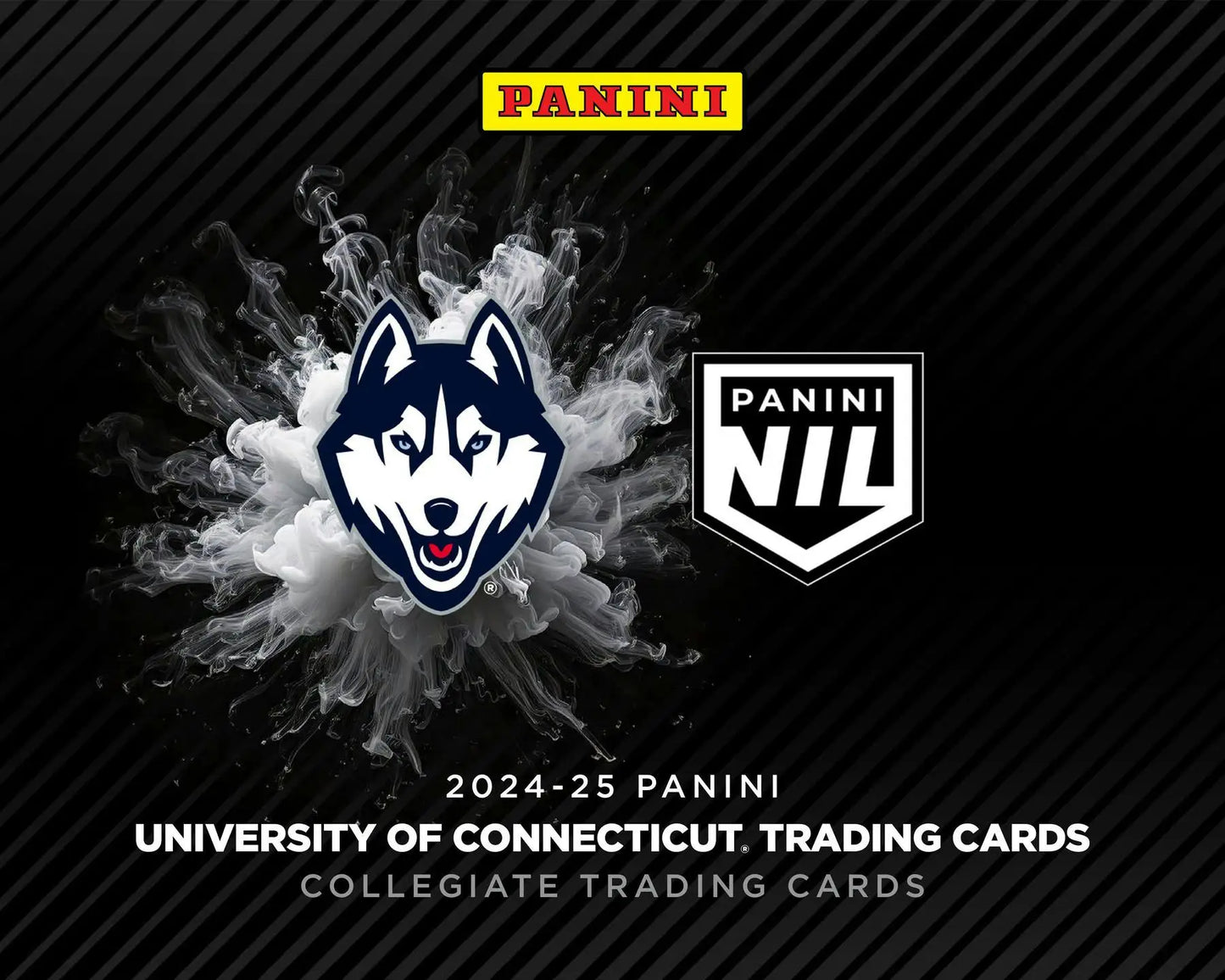 Panini UConn collegiate basketball trading card advertisement on 2024-25 Panini UConn blaster box