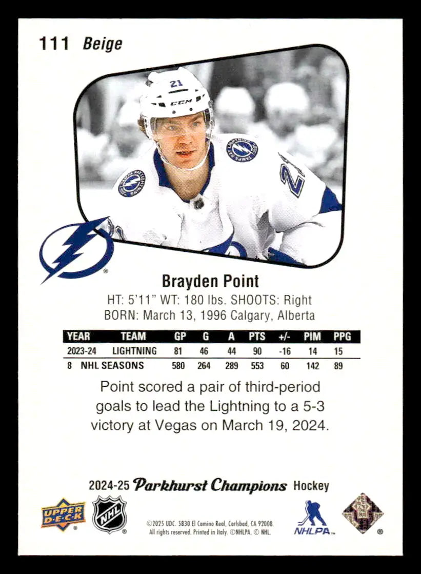 2024-25 Parkhurst Champions Brayden Point hockey card featuring Tampa Bay Lightning player