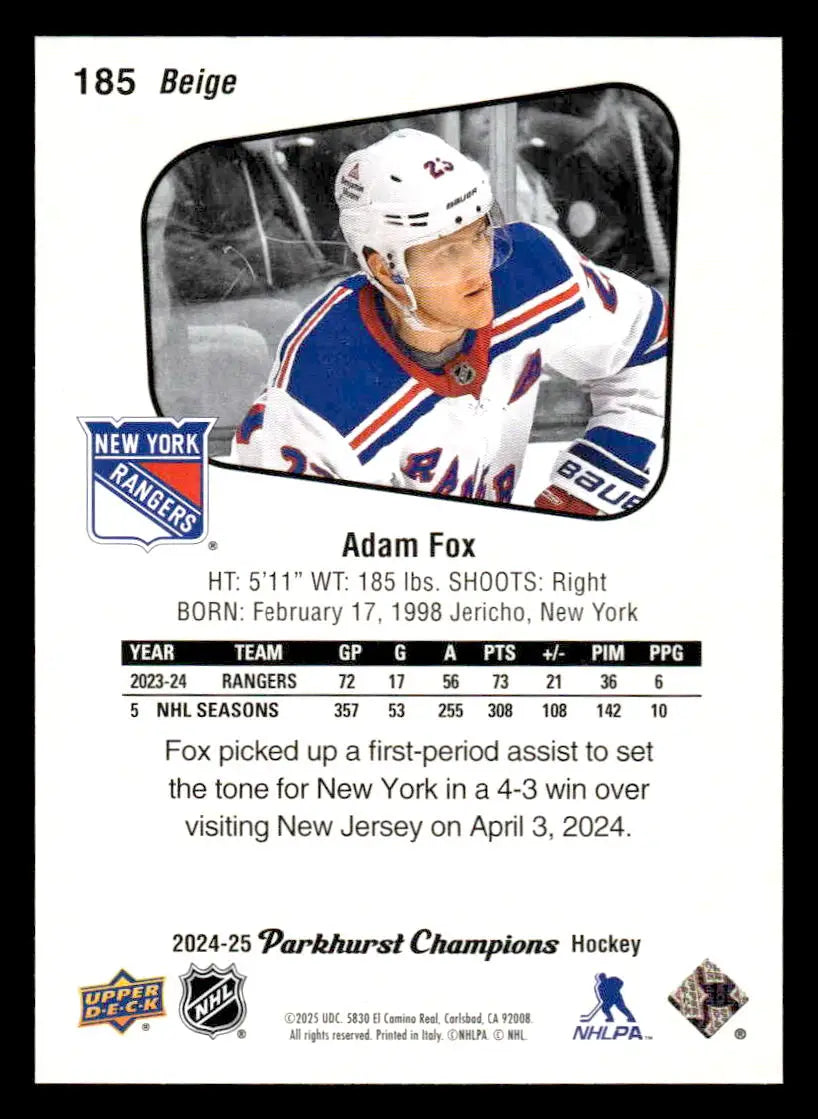 Hockey trading card of Adam Fox from 2024-25 Parkhurst Champions by Upper Deck
