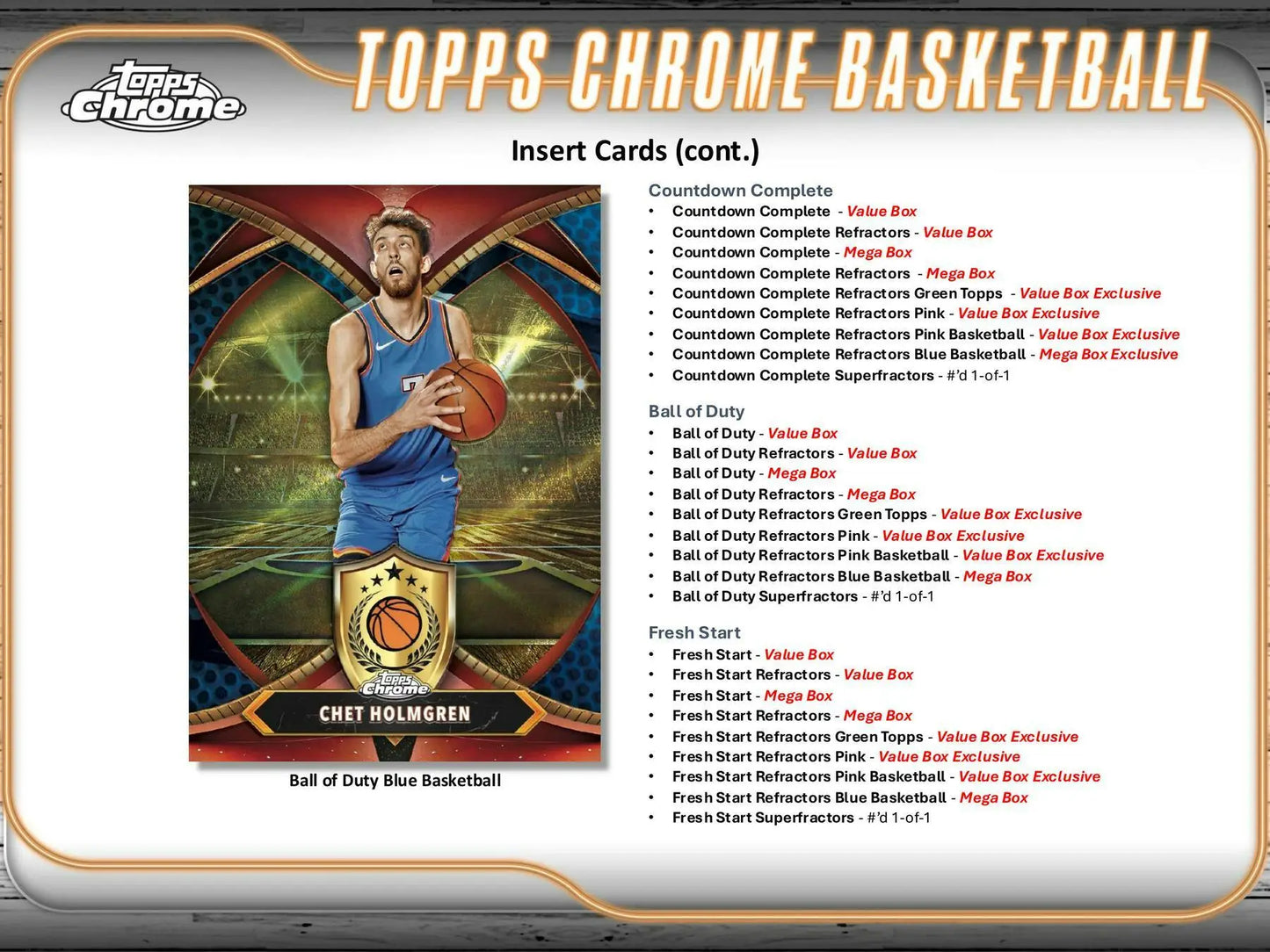 2024-25 Topps Chrome Basketball box exclusive Chet Holmgren trading card with base refractors