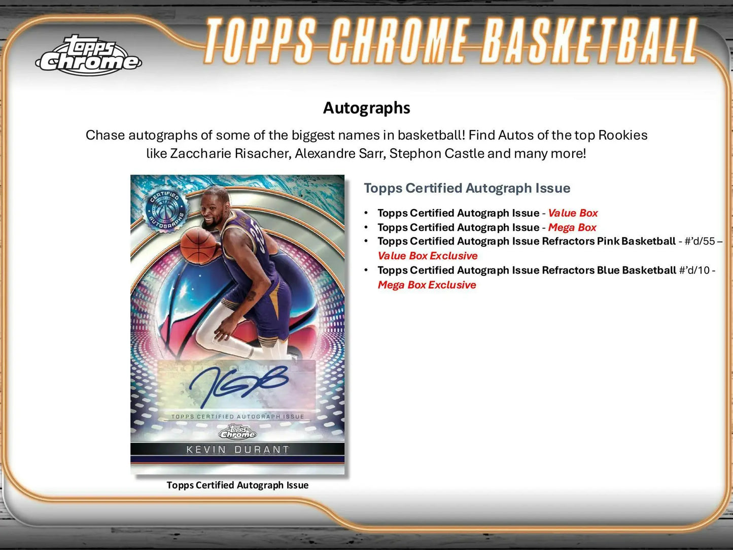 Kevin Durant autographed Topps Chrome basketball card from 2024-25 box exclusive refractors pink