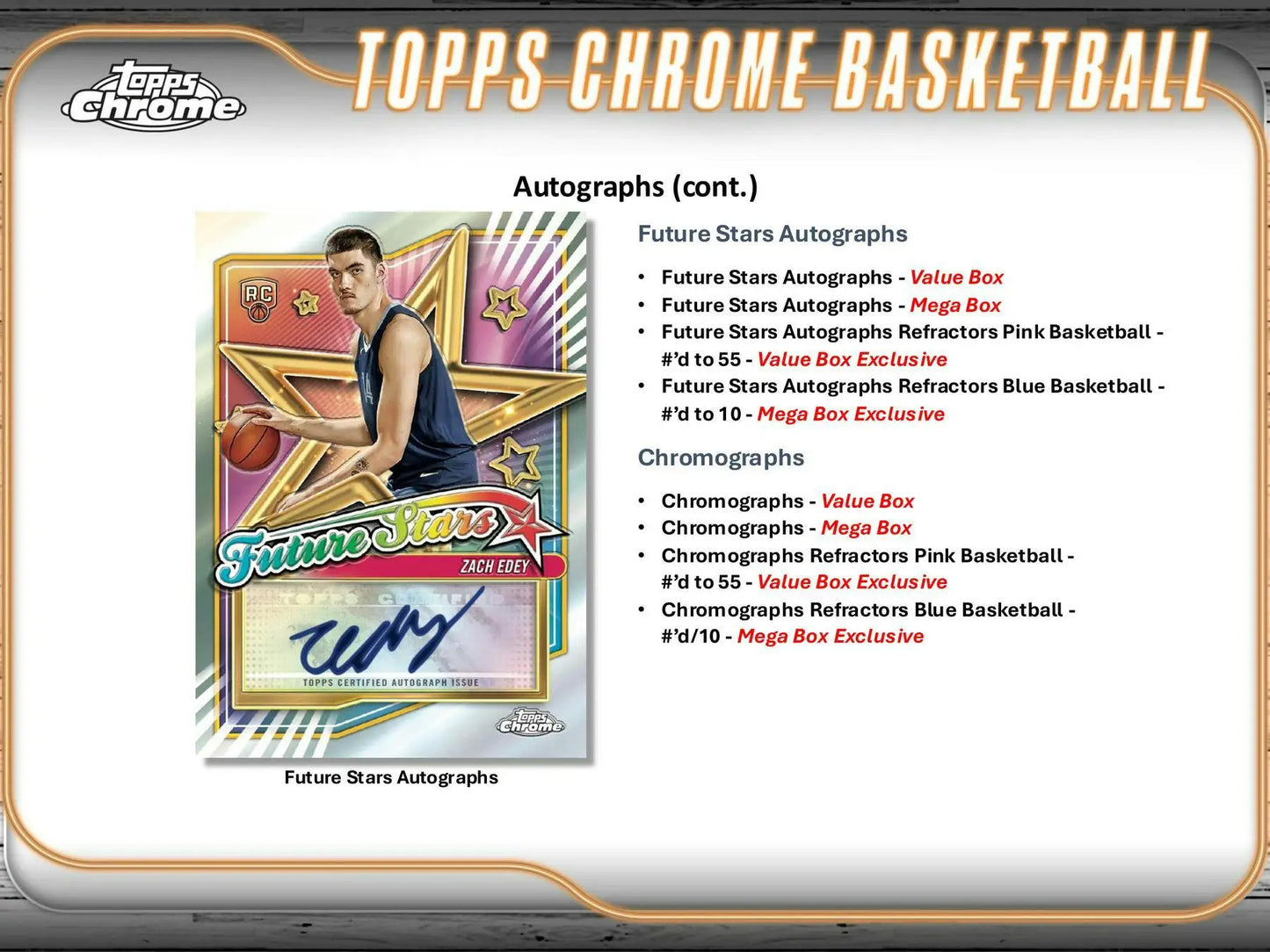 Trading card with athlete’s autograph from 2024-25 Topps Chrome Basketball box exclusive refractors pink