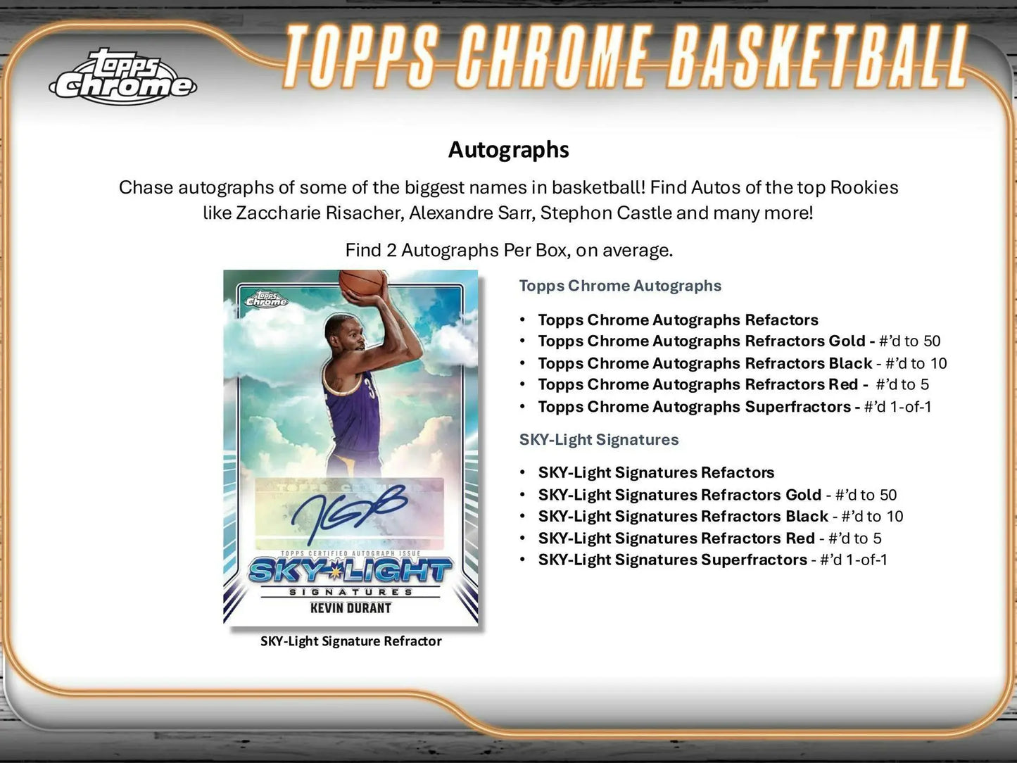 2024-25 Topps Chrome Basketball trading card with Kevin Durant autograph and refractors gold
