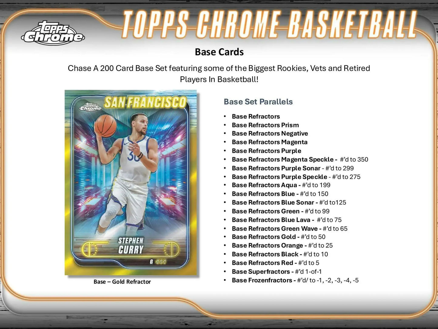 2024-25 Topps Chrome Basketball Gold Refractor trading card featuring Stephen Curry in a base refractors set