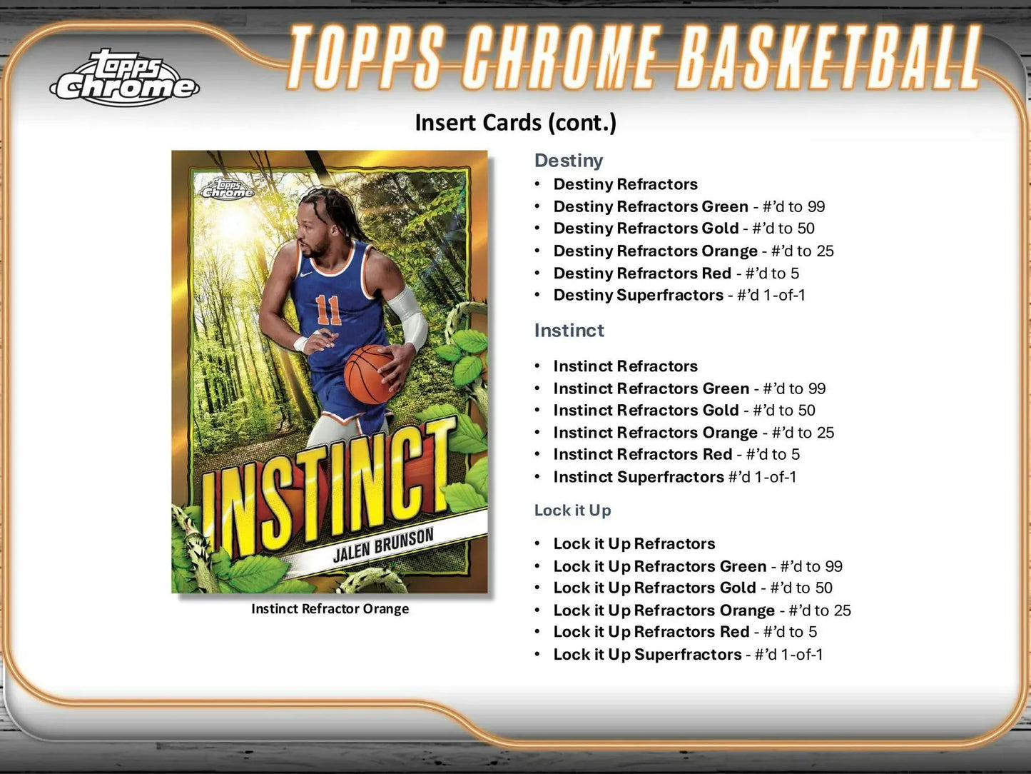 Basketball trading card of Jalen Brunson with Instinct branding and orange refractor finish in Topps Chrome 2024-25 Hobby Box