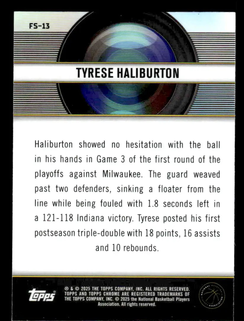 Basketball card back featuring Tyrese Haliburton from 2024-25 Topps Chrome Film Study