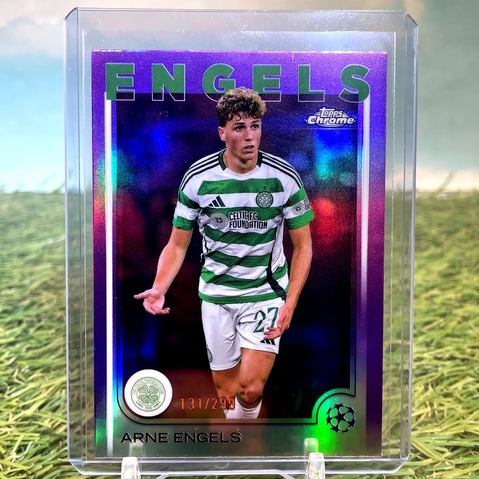 Arne Engels soccer card from 2024-25 Topps Chrome UEFA Club Violet Wave Refractor