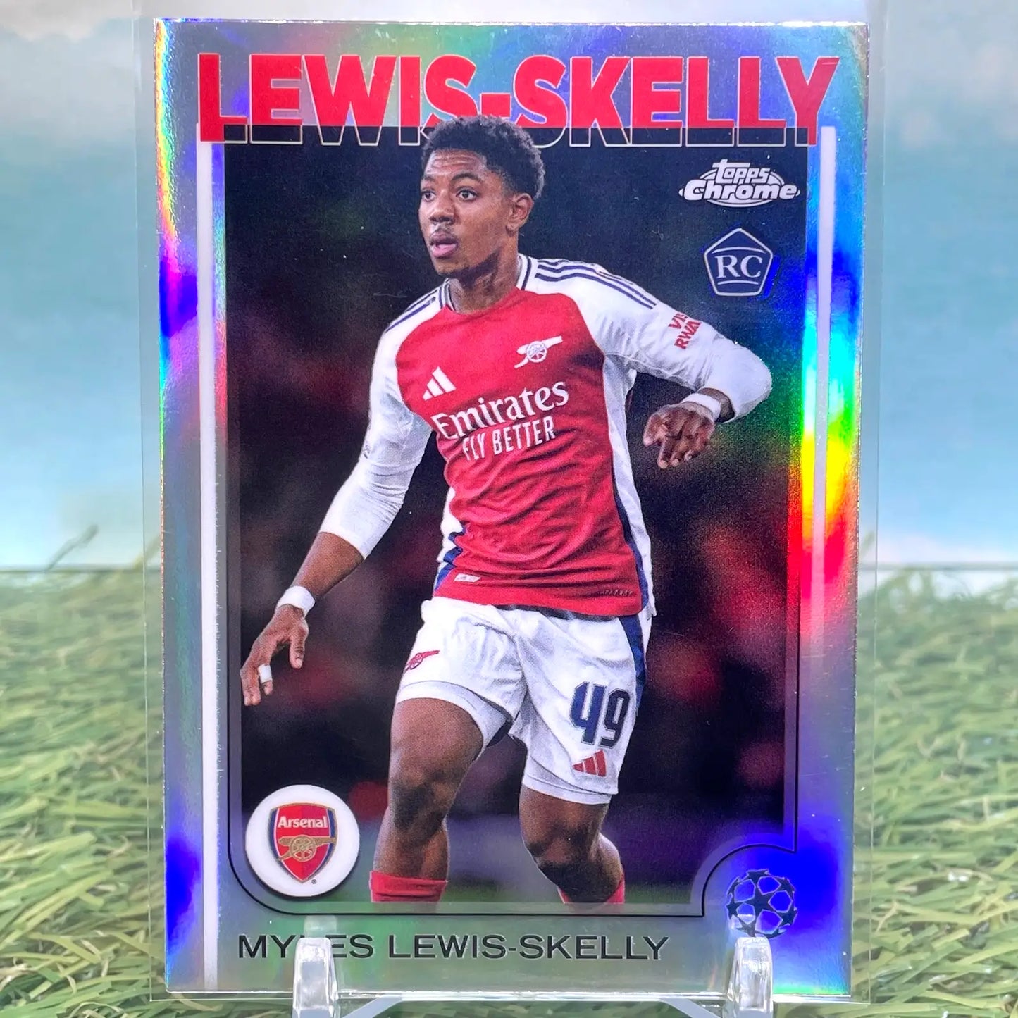 Trading card featuring Myles Lewis-Skelly in Arsenal uniform from 2024-25 Topps Chrome UEFA series