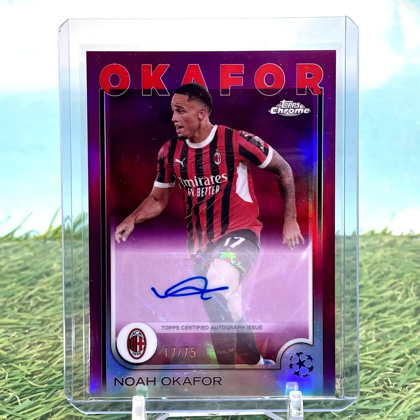 Noah Okafor autographed trading card from 2024-25 Topps Chrome UEFA UCL Noah Okafor Purple Refractor Auto