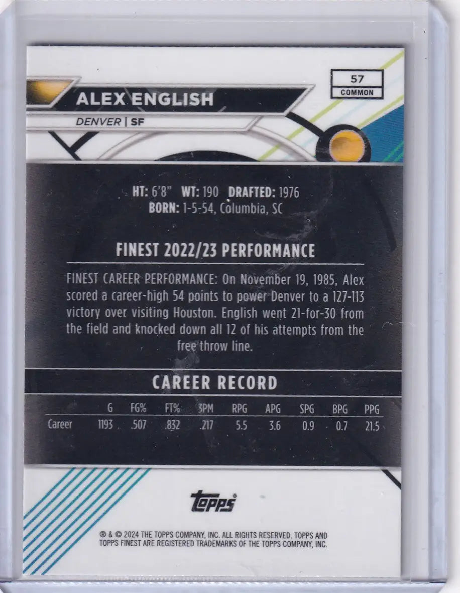 Back of 2024-25 Topps Finest Purple basketball trading card featuring Alex English Denver Nuggets
