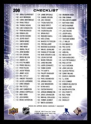 Hockey card checklist featuring Nikita Kucherov and William Nylander from Upper Deck 2024-25