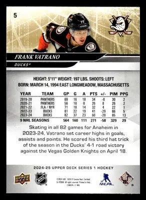 Frank Vatrano hockey card from 2024-25 Upper Deck Series 1 featuring Anaheim Ducks stats