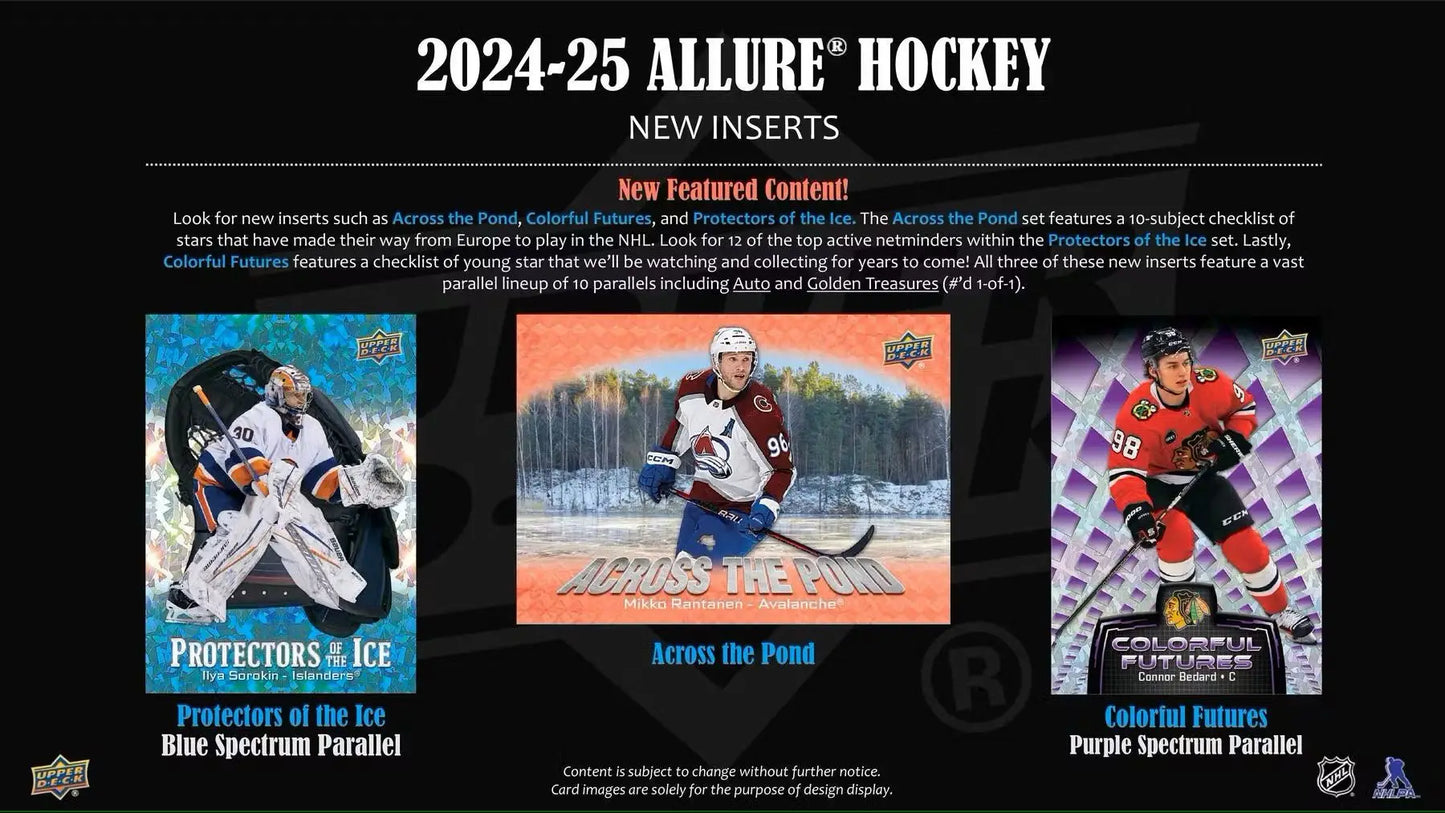 Promotional display for 2024-25 Upper Deck Allure Hockey trading card inserts with vibrant color flow
