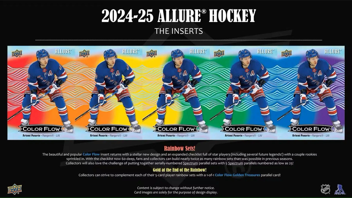 Hockey trading cards featuring a player with color flow backgrounds in Upper Deck Allure Hockey