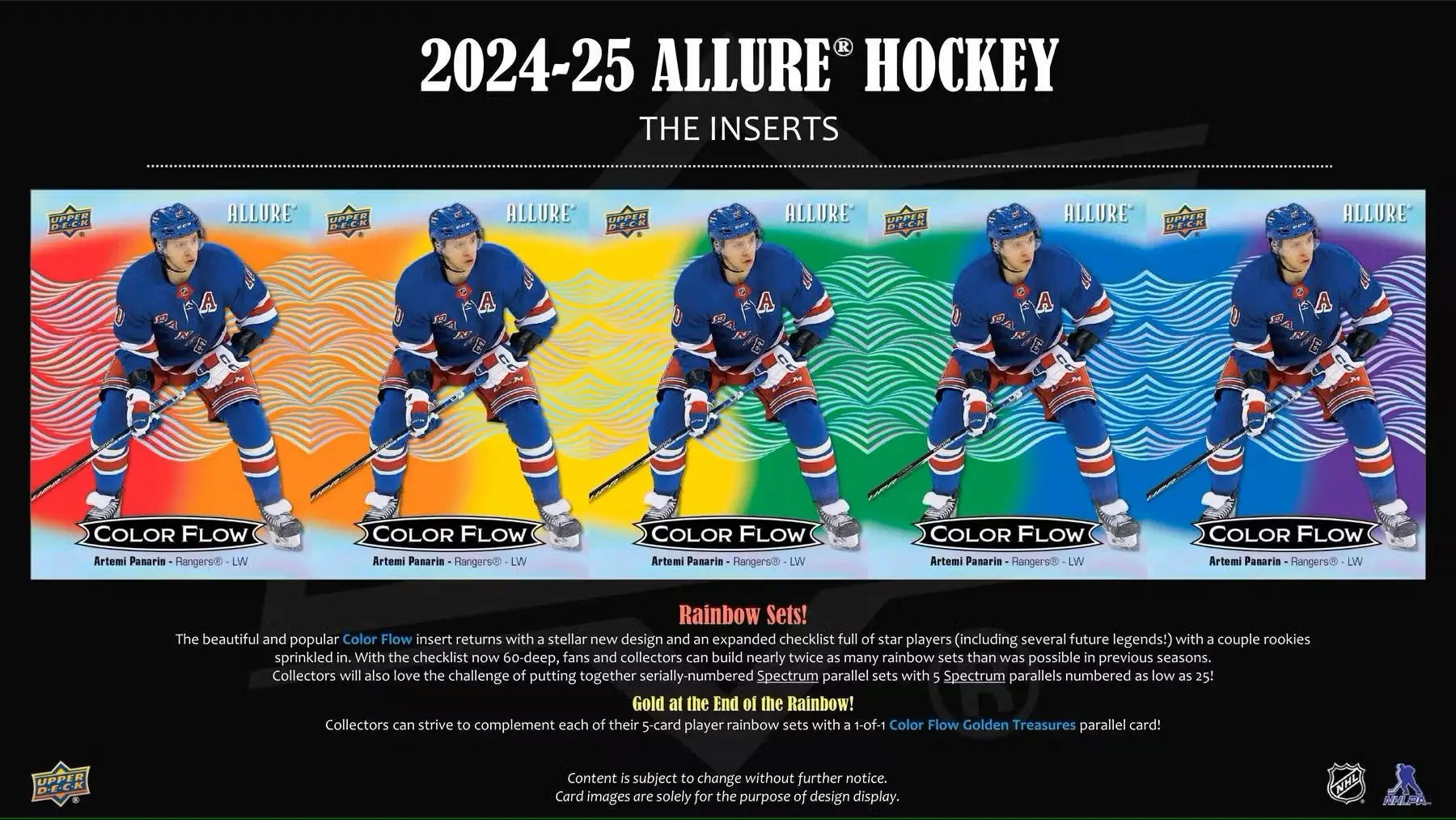 Hockey trading cards featuring a player with color flow backgrounds in Upper Deck Allure Hockey