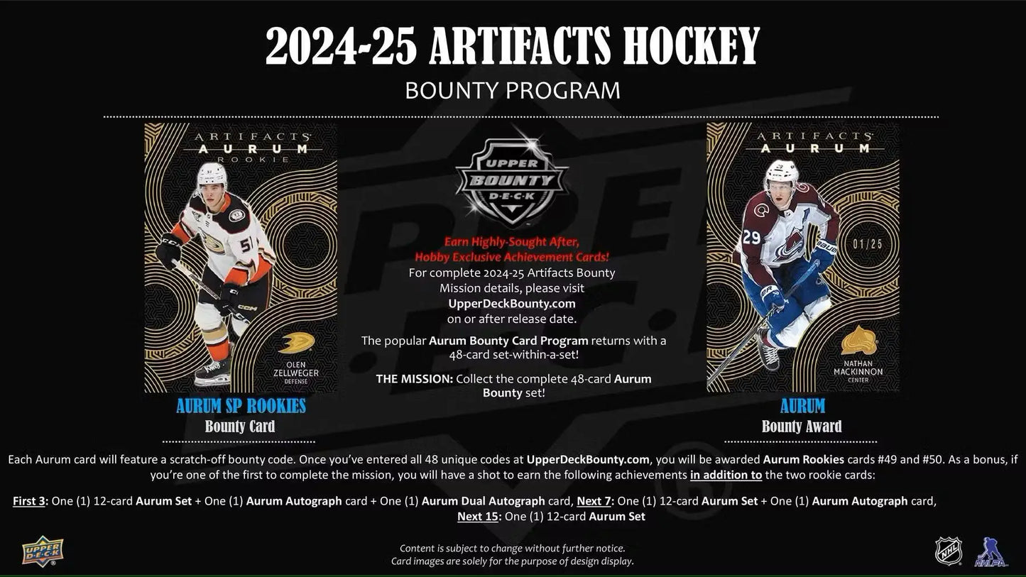 Promo poster for 2024-25 Upper Deck Artifacts Hockey Bounty Program with base set and auto parallel highlights