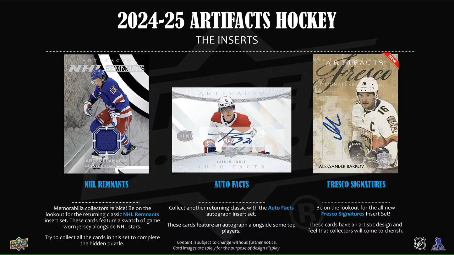 Promotional display of 2024-25 Upper Deck Artifacts Hockey base set and auto parallel inserts