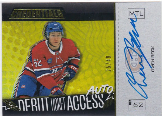 Owen Beck autographed hockey card from 2024-25 Upper Deck Credentials Debut Ticket Access