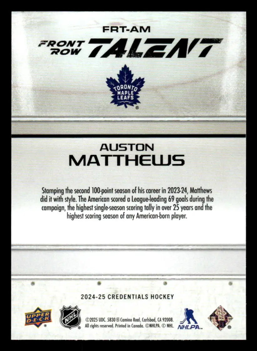 Auston Matthews hockey card from 2024-25 Upper Deck Credentials product