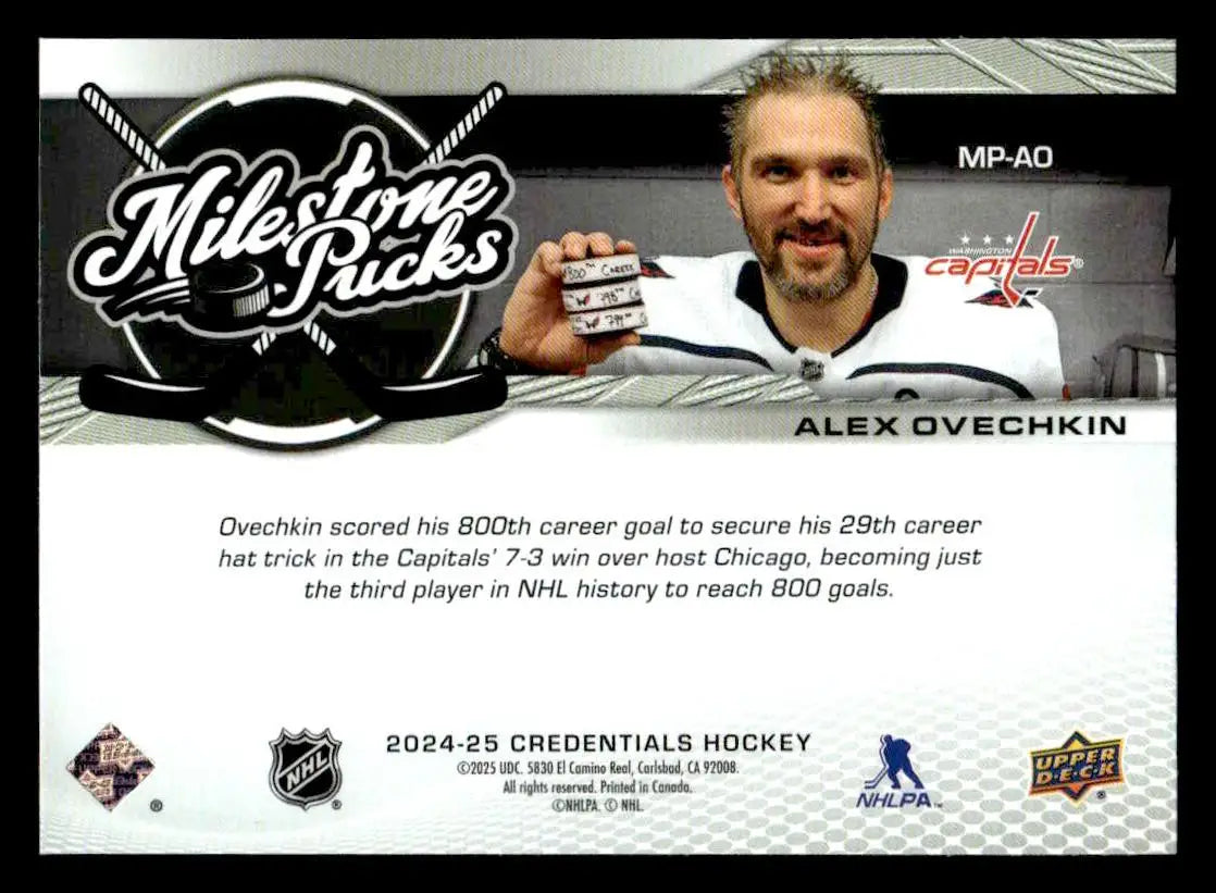 Hockey trading card featuring Alex Ovechkin from 2024-25 Upper Deck Credentials collection