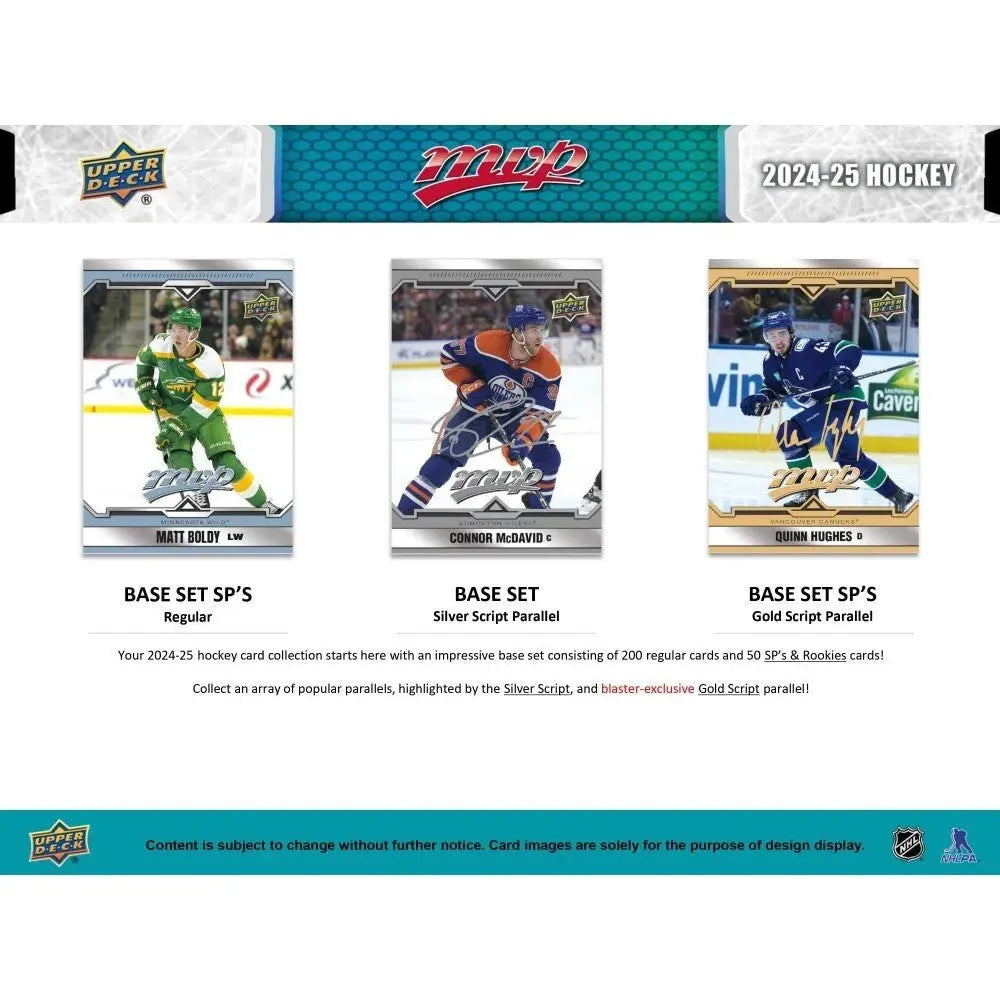 Hockey trading cards from 2024-25 Upper Deck MVP with silver script parallel