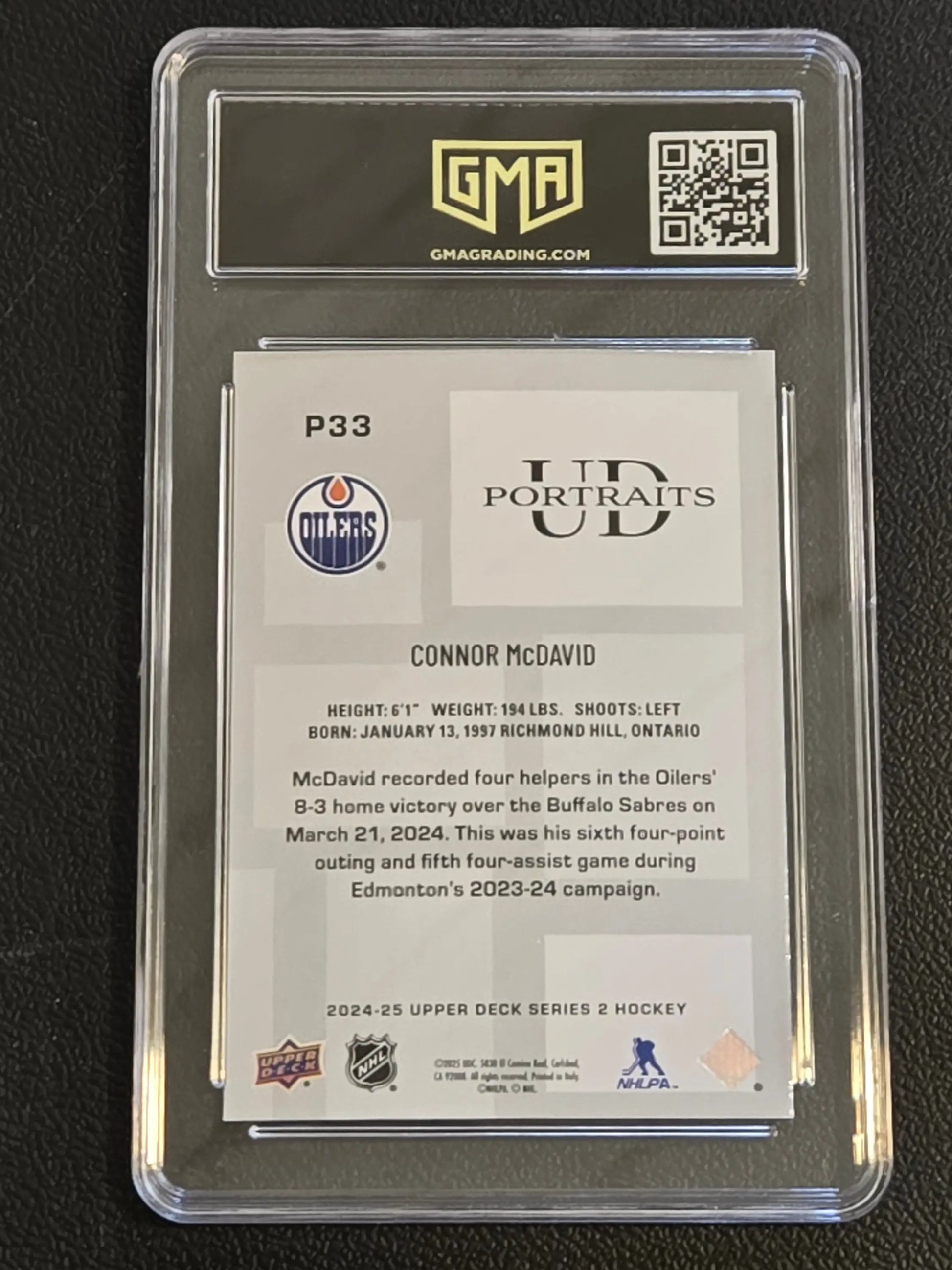 Graded Connor McDavid P33 Connor McDavid UD Portraits hockey trading card GMA 10