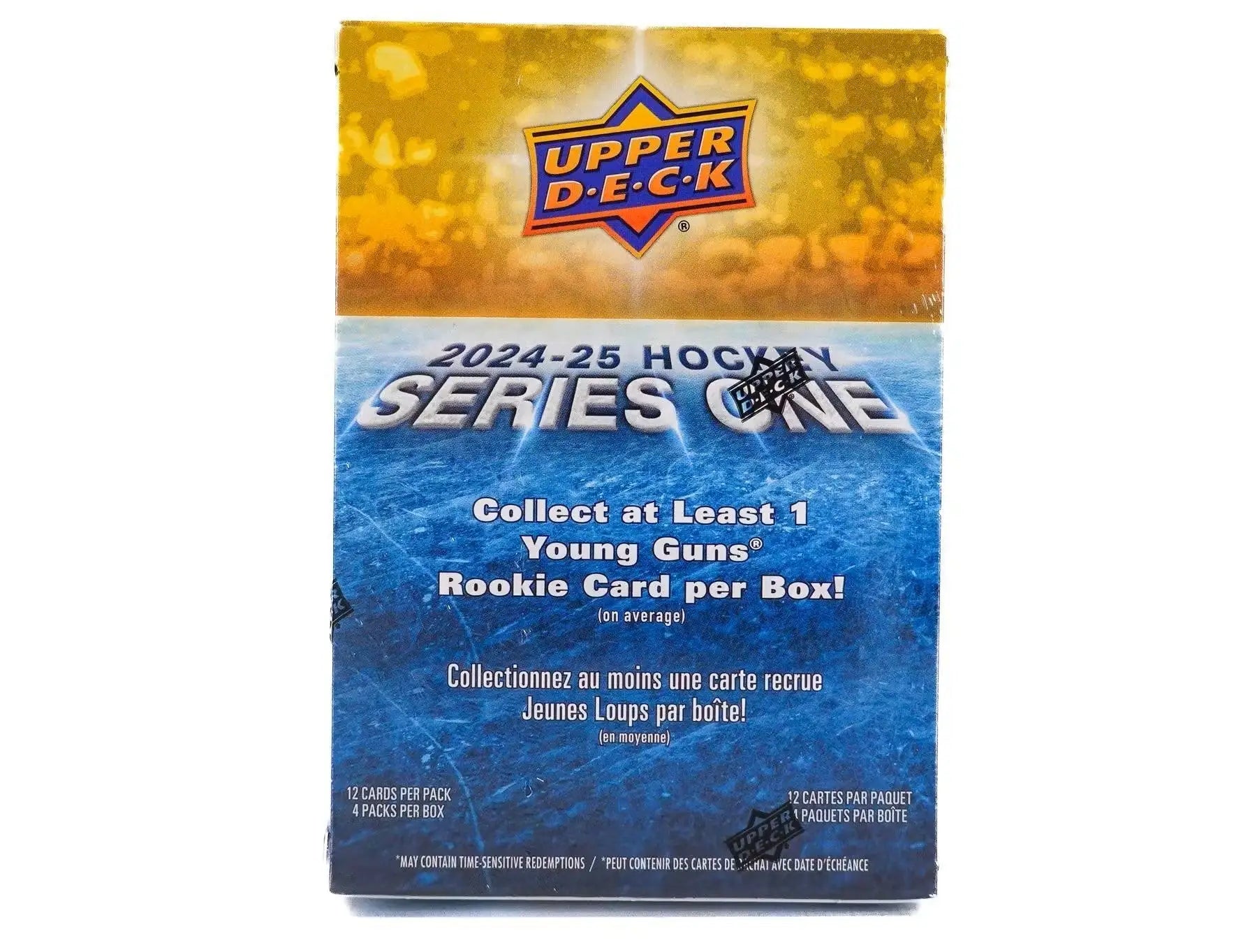 Box of 2024/25 Upper Deck Series 1 Hockey trading cards with Young Guns and speckle parallel