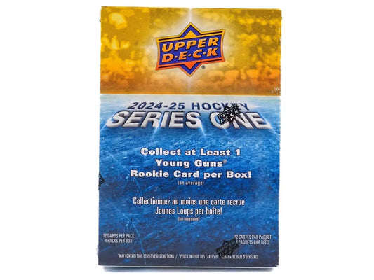 Box of 2024/25 Upper Deck Series 1 Hockey trading cards with Young Guns and speckle parallel