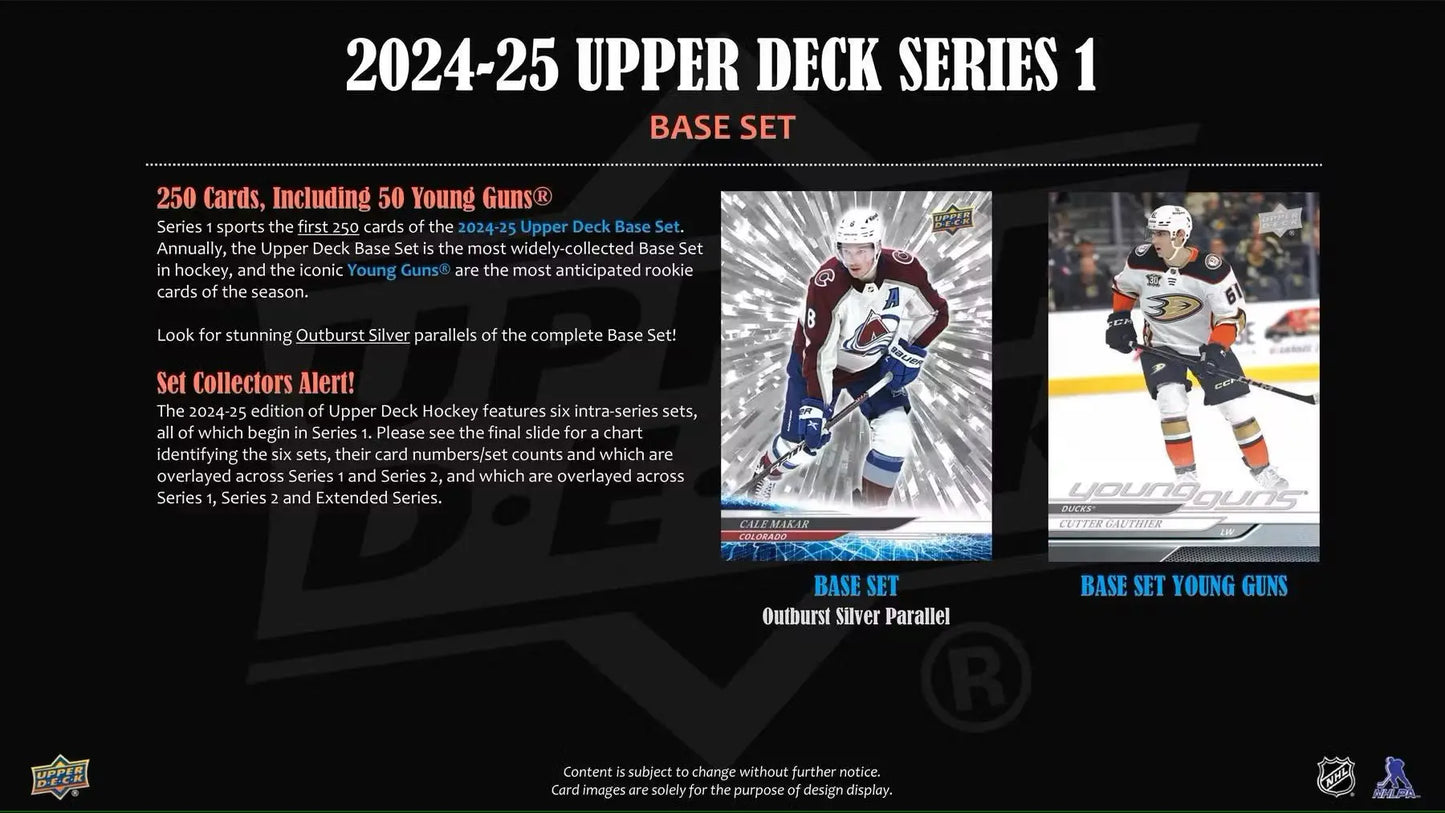 Promotional material for 2024/25 Upper Deck Series 1 Hockey featuring Young Guns, base set, and speckle parallel cards
