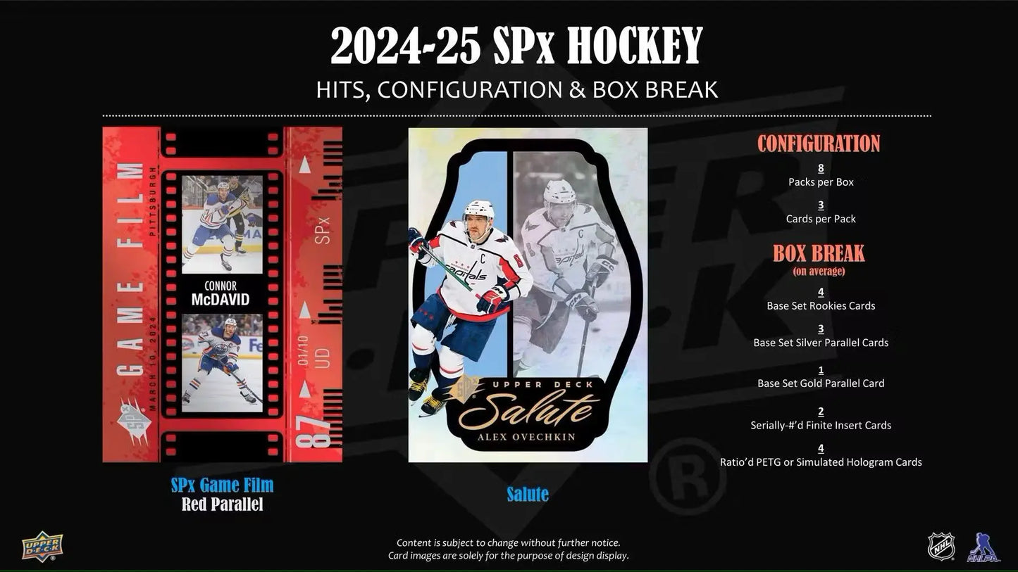 Promotional slide for 2024/25 Upper Deck SPx Hockey Hobby Box featuring base set rookies