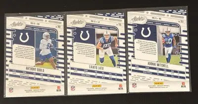 Three NFL football cards featuring 2024 Absolute Red Blue Foil Colts rookies