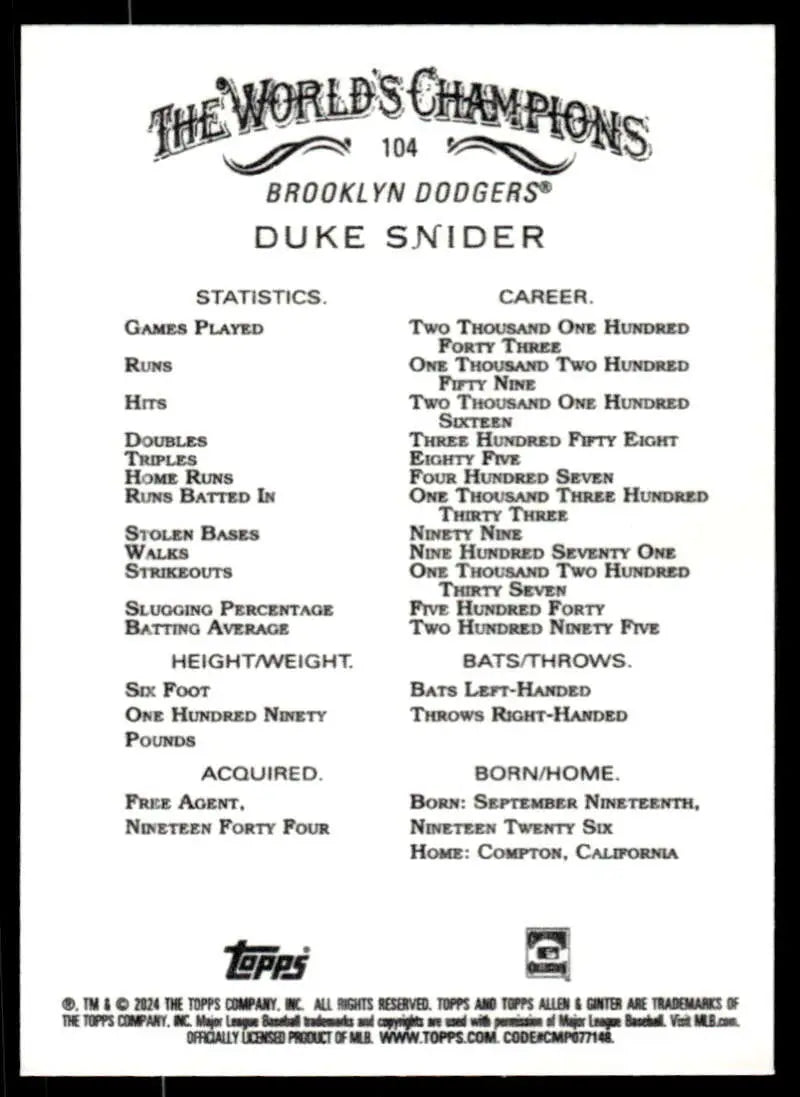 Baseball card featuring Duke Snider career stats for Los Angeles Dodgers
