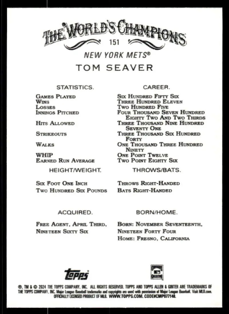 Back side of 2024 Allen & Ginter Tom Seaver baseball card featuring New York Mets stats