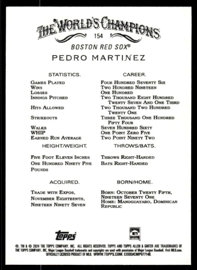 Vintage 2024 Allen & Ginter #154 Baseball Card featuring Pedro Martinez Red Sox stats