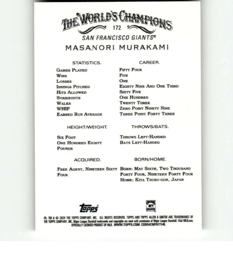 Back of 2024 Allen & Ginter #172 Masanori Murakami Baseball Card with San Francisco Giants stats