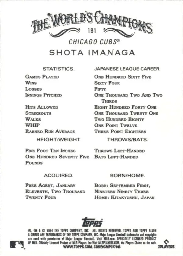 Baseball card featuring Shota Imanaga’s stats from 2024 Allen & Ginter set