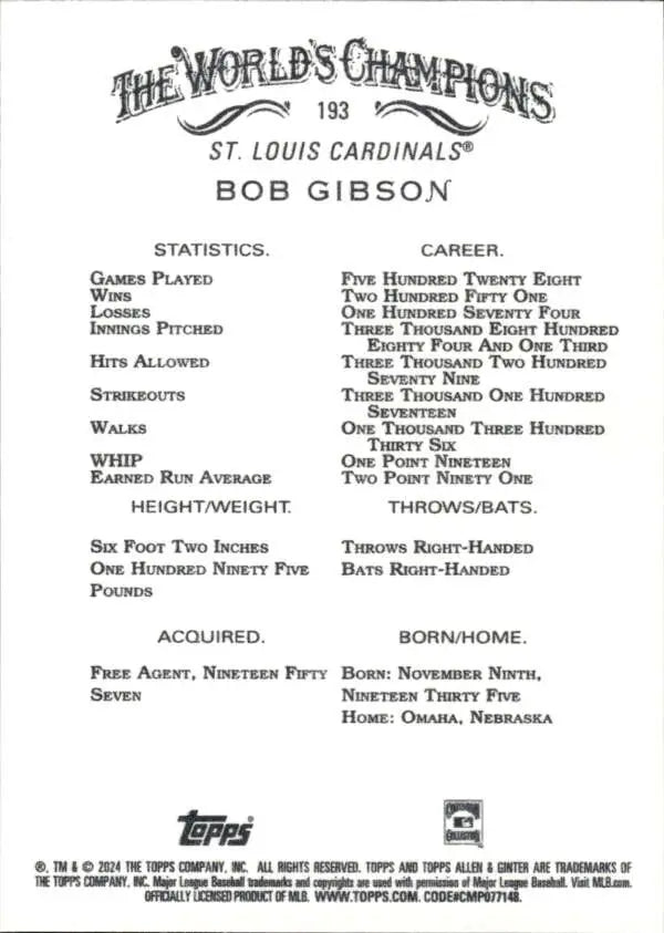 Baseball card featuring Bob Gibson NM-MT with statistics for St. Louis Cardinals pitcher