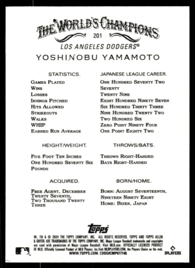 Baseball card showcasing rookie statistics for Yoshinobu Yamamoto, Los Angeles Dodgers