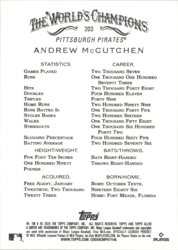 Baseball card featuring Andrew McCutchen statistics for Pittsburgh Pirates in 2024 Allen & Ginter