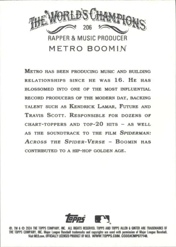 Detailed biography and achievements of Metro Boomin on 2024 Allen & Ginter baseball card