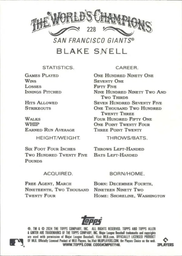 2024 Allen & Ginter #228 Blake Snell San Francisco Giants Baseball Card statistics and info