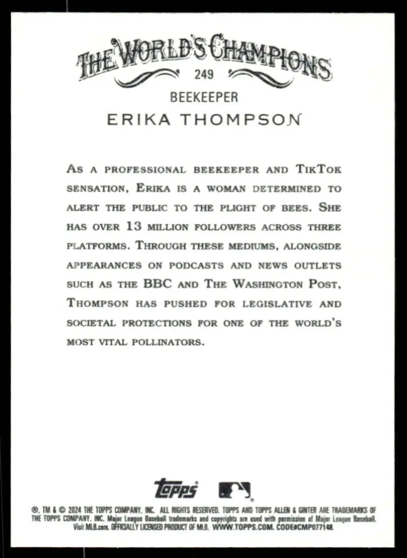Baseball card featuring Erika Thompson, professional beekeeper and TikTok creator