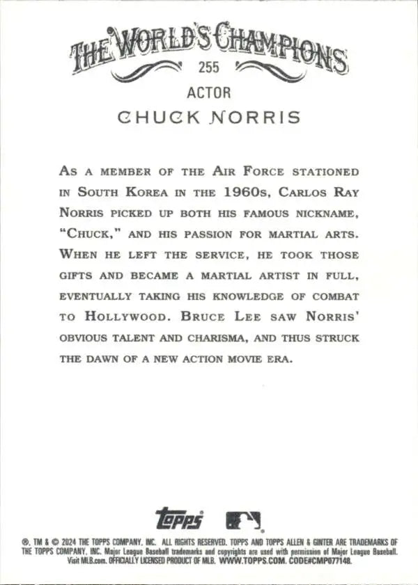 Trading card back featuring Chuck Norris’s biography and martial arts history