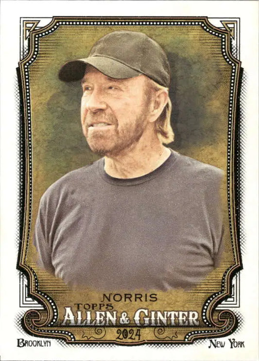 Baseball card of Chuck Norris in gray t-shirt and dark baseball cap, Allen & Ginter design
