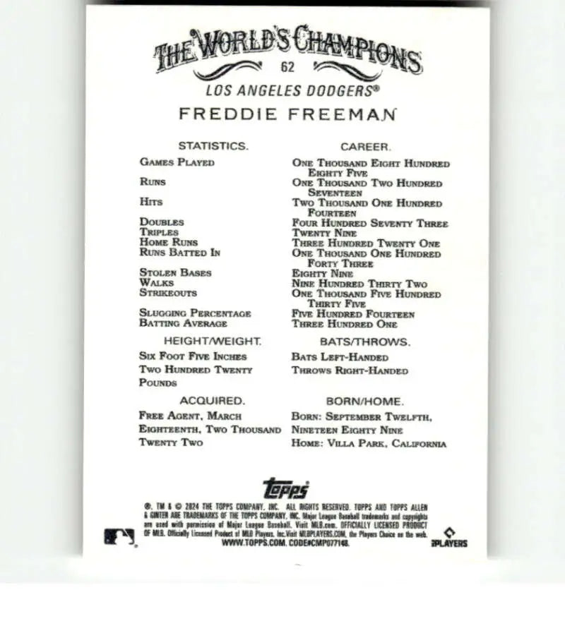 Baseball card back of Freddie Freeman with statistics for Los Angeles Dodgers player