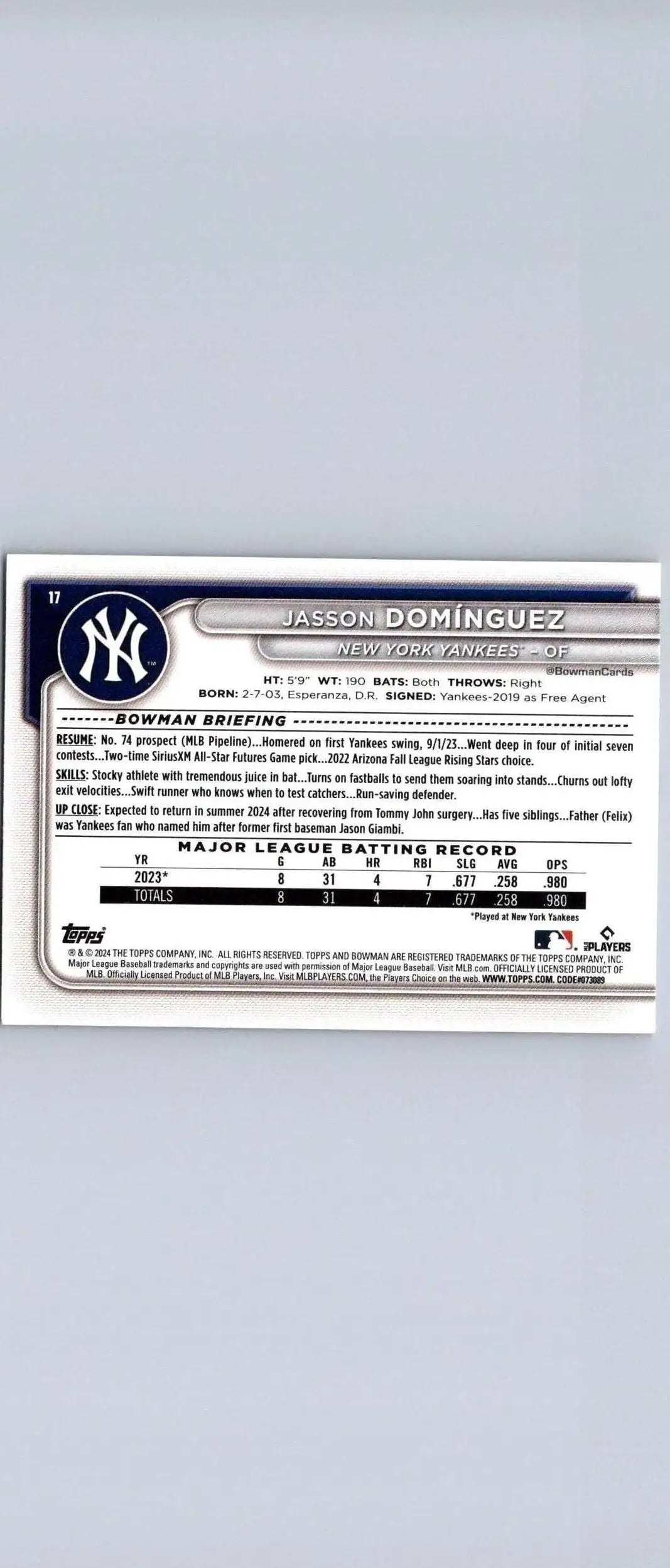 2024 Bowman #17 Jasson Domínguez baseball card for trading cards collectors